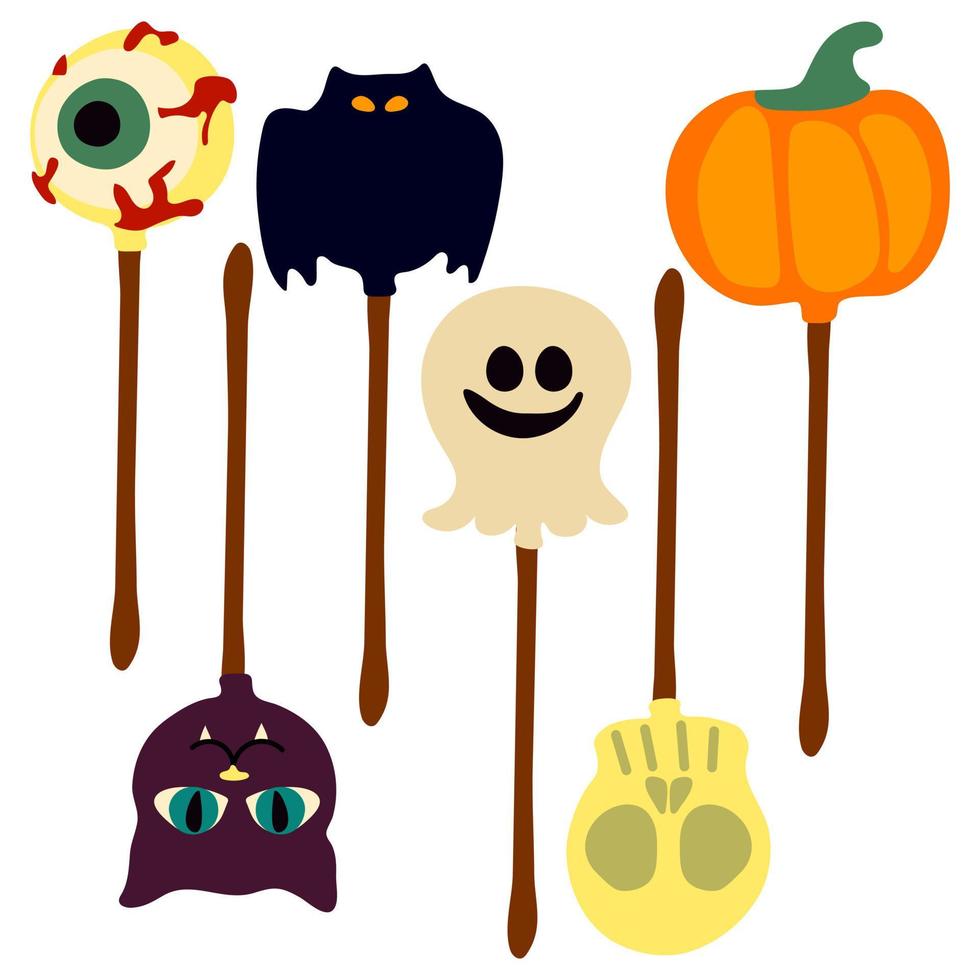 een reeks van kleurrijk halloween snoepgoed voor kinderen. vector snoepjes zijn versierd met halloween elementen en ornamenten gemaakt in de traditioneel kleuren van de oktober vakantie. lolly Aan een stok