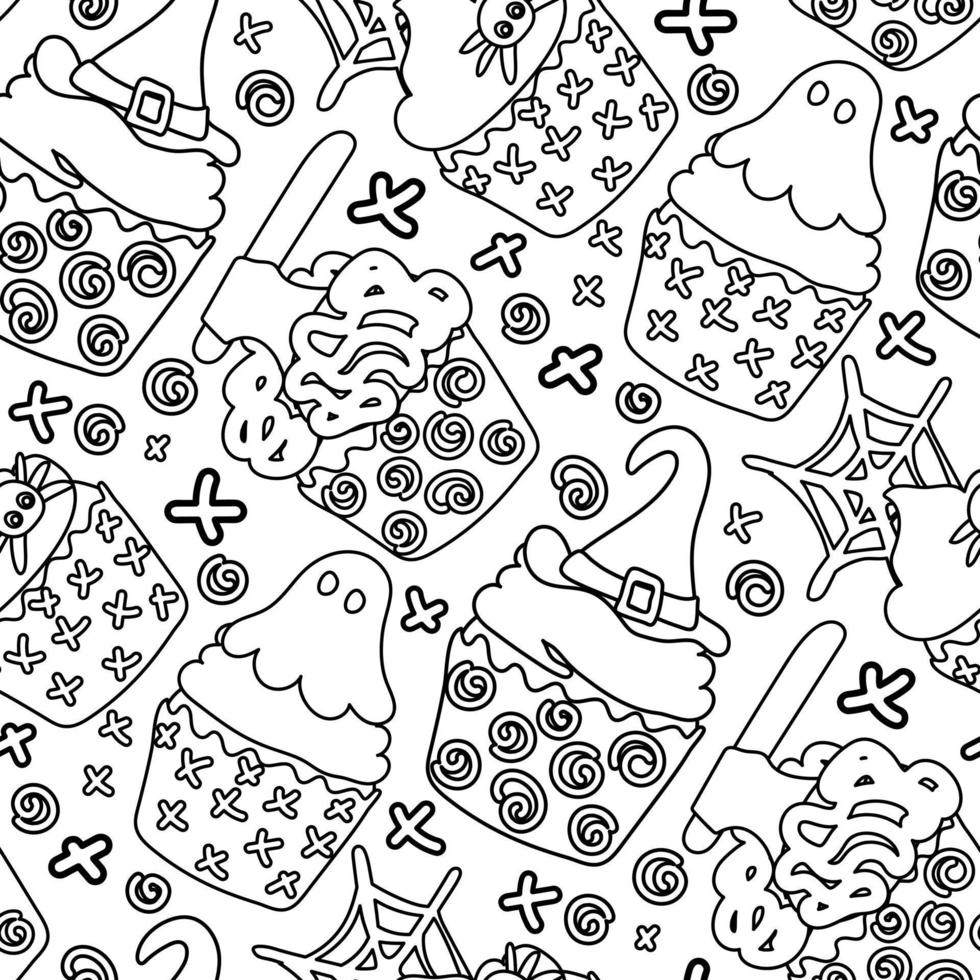 patroon van lineair cupcakes voor halloween. gebakjes in de het formulier van muffins met een heks hoed, hersenen, geest, spin. tekenfilm vector. omhulsel papier voor halloween, omslag, patroon, kleding stof. wit vector