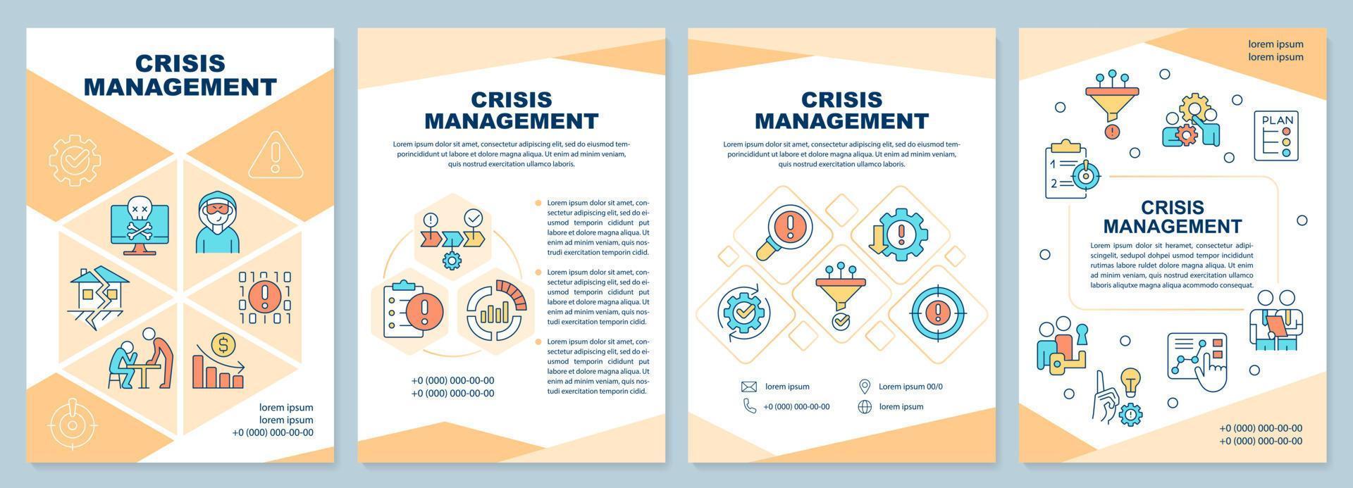 crisis beheer geel brochure sjabloon. brochure ontwerp met lineair pictogrammen. bewerkbare 4 vector indelingen voor presentatie, jaar- rapporten