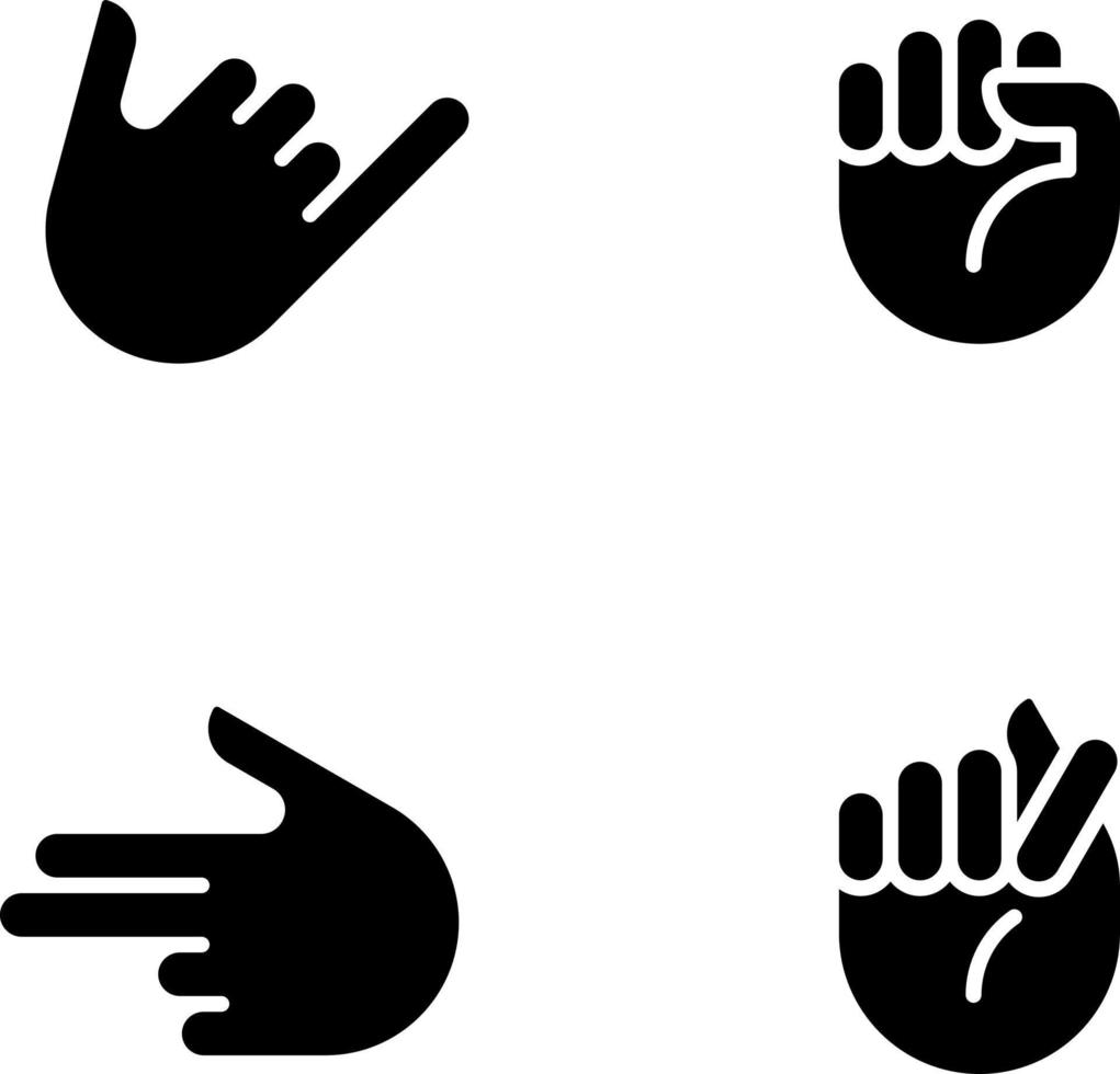 vriendelijk en agressief gebaren zwart glyph pictogrammen reeks Aan wit ruimte. informatief hand- posities. lichaam taal. silhouet symbolen. solide pictogram pak. vector geïsoleerd illustratie