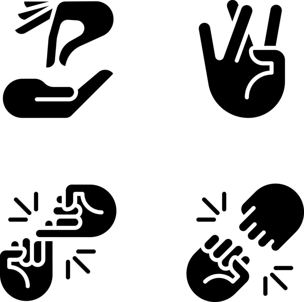 gebruik makend van gebaren voor communicatie zwart glyph pictogrammen reeks Aan wit ruimte. gemakkelijk wisselwerking werkwijze. handen positie. silhouet symbolen. solide pictogram pak. vector geïsoleerd illustratie