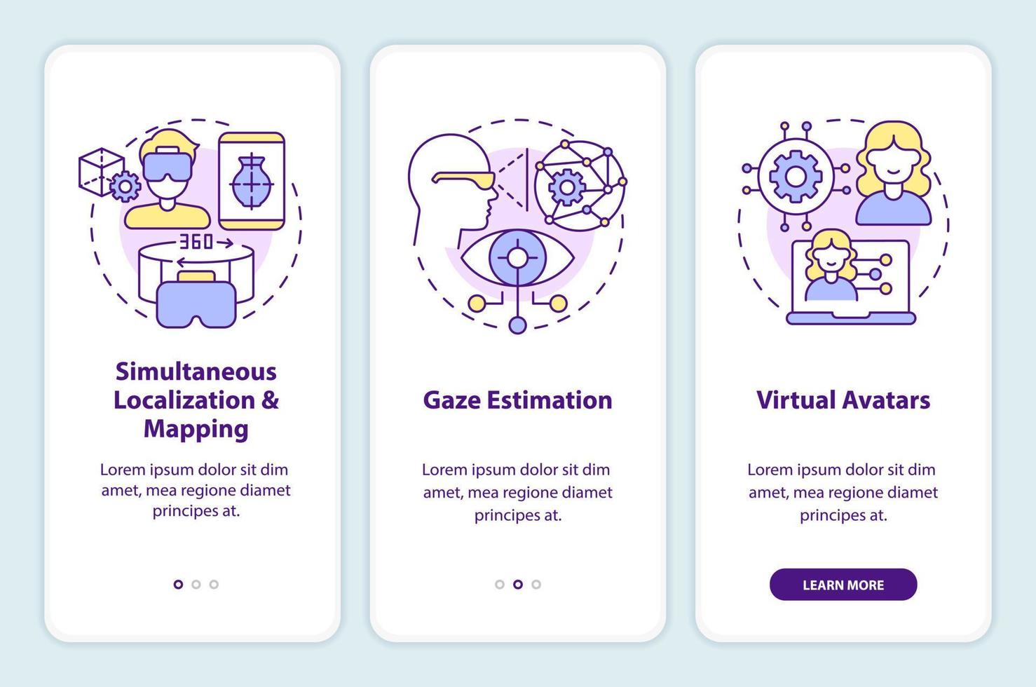 synthetisch gegevens oplossingen voor metaverse onboarding mobiel app scherm. walkthrough 3 stappen bewerkbare grafisch instructies met lineair concepten. ui, ux, gui sjabloon vector