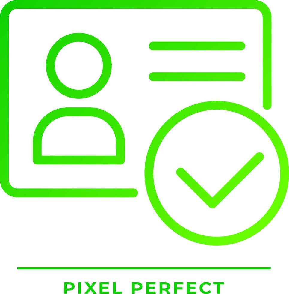 identiteit geverifieerd pixel perfect helling lineair vector icoon. ID kaart kaart met vinkje. persoonlijkheid goedkeuring. dun lijn kleur symbool. modern stijl pictogram. vector geïsoleerd schets tekening