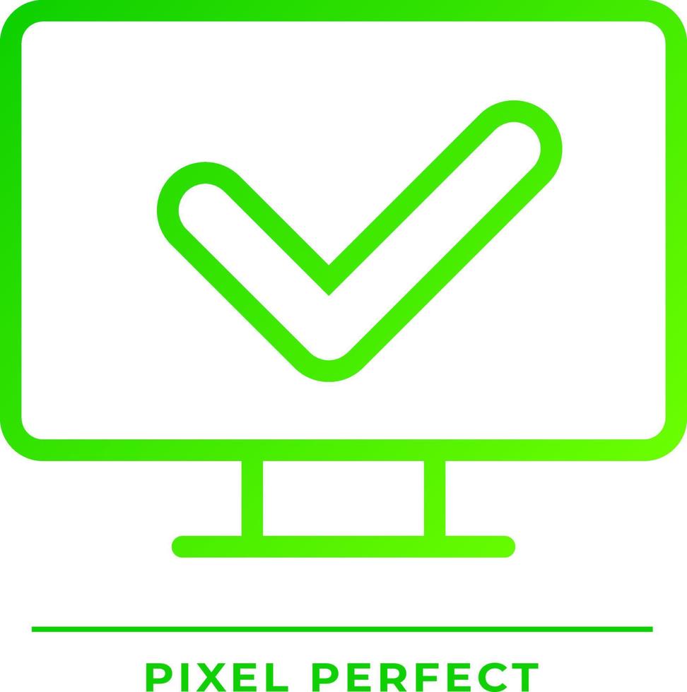 computer met controleren Mark pixel perfect helling lineair vector icoon. correct werk van pc. installeren anti malware software. dun lijn kleur symbool. modern stijl pictogram. vector geïsoleerd schets tekening