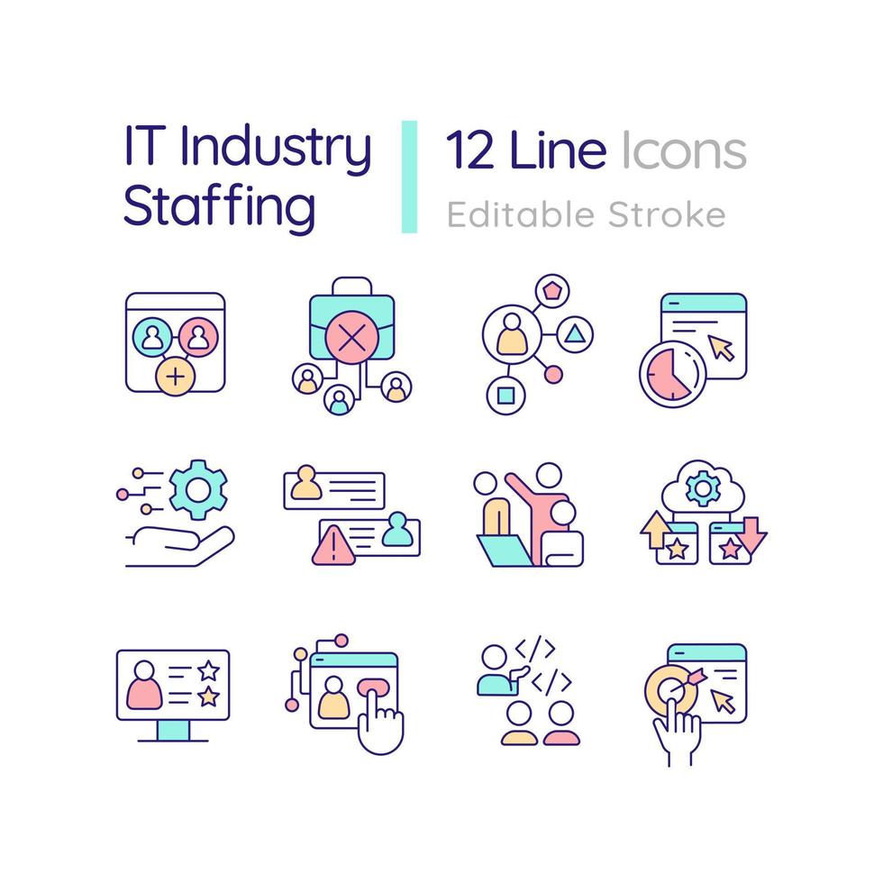 het industrie personeel rgb kleur pictogrammen set. in dienst nemen werkwijze. informatie technologie. menselijk bronnen. geïsoleerd vector illustraties. gemakkelijk gevulde lijn tekeningen verzameling. bewerkbare beroerte