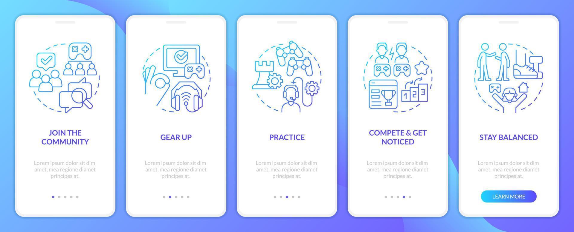 worden gaming wimpel blauw helling onboarding mobiel app scherm. esports walkthrough 5 stappen grafisch instructies met lineair concepten. ui, ux, gui sjabloon vector