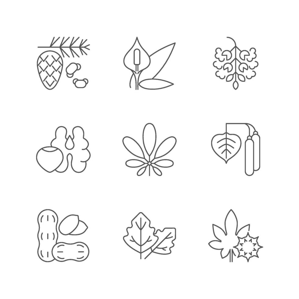 allergenen en allergie veroorzaakt lineaire iconen set vector