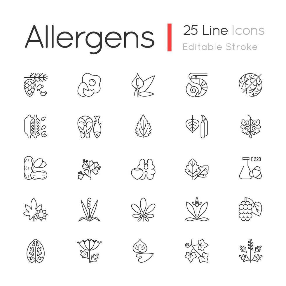 allergie veroorzaken lineaire iconen set vector