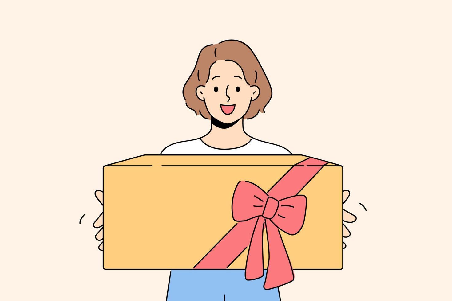 glimlachen meisje met verpakt doos in handen vieren verjaardag verjaardag. gelukkig vrouw tiener met giftbox met boog opgewonden met Geschenk. vector illustratie.