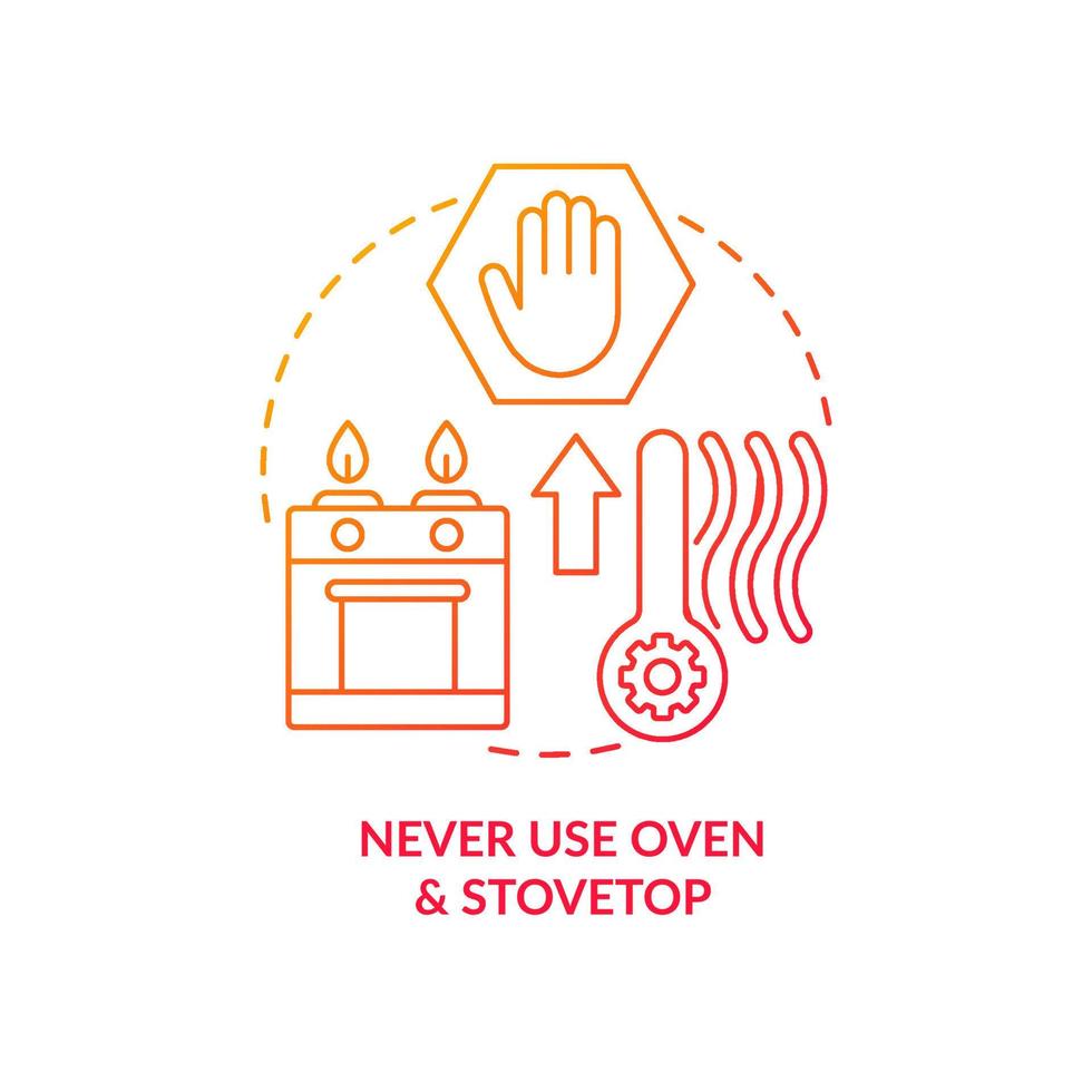 nooit gebruik oven naar warm huis rood helling concept icoon. veiligheid gedurende verwarming seizoen. brand risico abstract idee dun lijn illustratie. geïsoleerd schets tekening vector