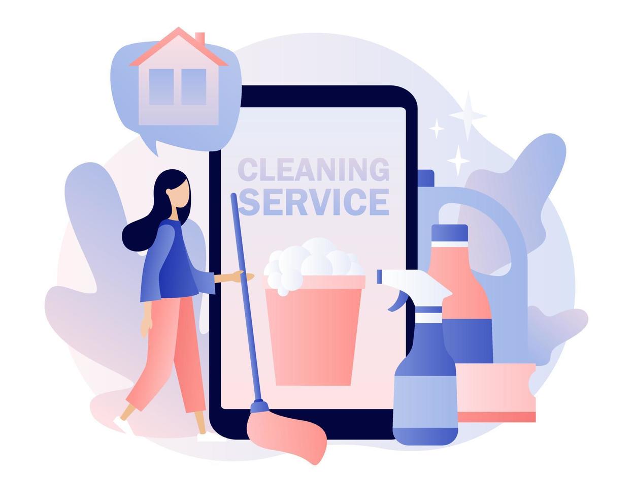 schoonmaak onderhoud online. klein vrouw reinigt huis. app voor onderhoud bestellingen professioneel hygiëne onderhoud voor huiselijk huishoudens. modern vlak tekenfilm stijl. vector illustratie Aan wit achtergrond