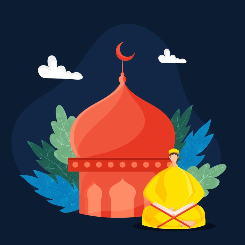 tekenfilm moslim Mens lezing koran met oranje moskee en bladeren Aan blauw achtergrond voor Islamitisch festival viering. vector
