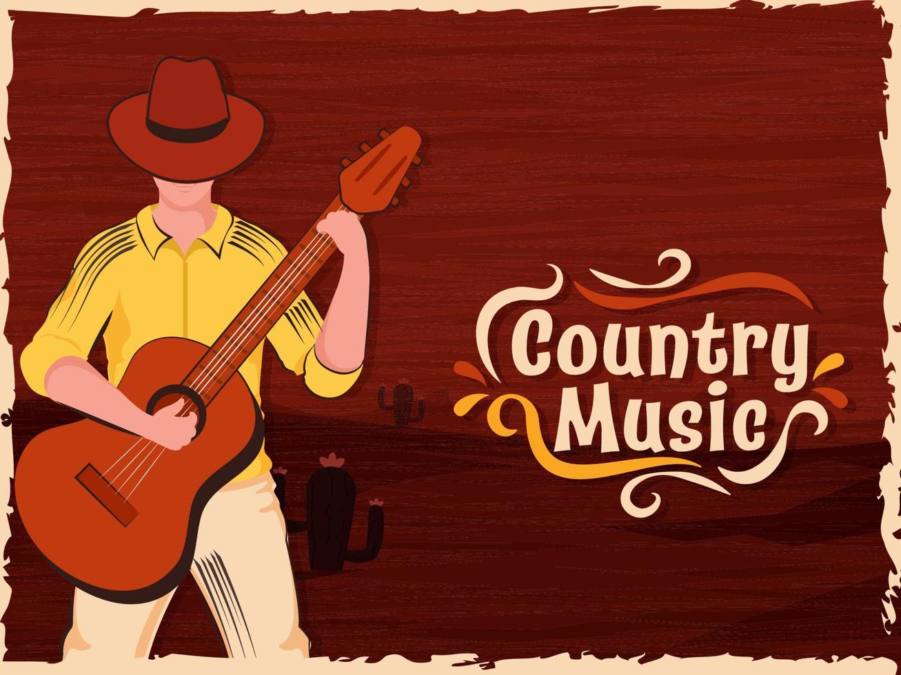 land muziek- concept met jong Mens vervelend cowboy hoed en spelen een gitaar Aan donker rood houten structuur en cactus zand landschap achtergrond. vector