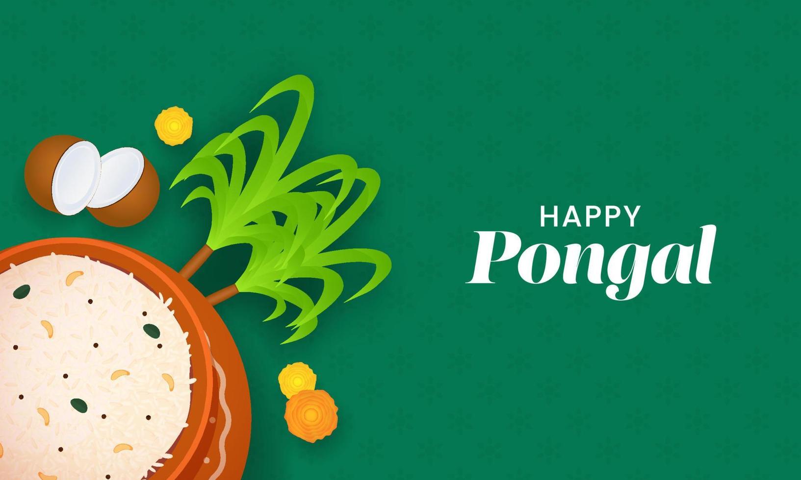 gelukkig pongal viering concept met top visie klei pot vol van pongali rijst, kokosnoot, suikerriet en goudsbloem bloemen Aan groen achtergrond. vector