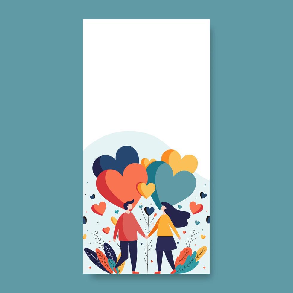 vector jong paar Holding handen samen met kleurrijk harten, bladeren versierd achtergrond en kopiëren ruimte. Valentijnsdag dag sjabloon of verticaal banier ontwerp.