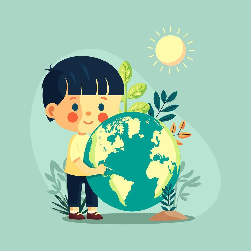 vrolijk jongen karakter Holding aarde wereldbol Aan zon natuur achtergrond. opslaan aarde of wereld milieu dag concept. vector