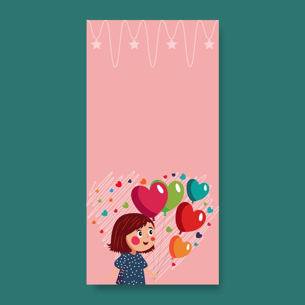 tekenfilm jong meisje Holding bundel van kleurrijk hart ballonnen Aan pastel rood kattebelletje achtergrond en kopiëren ruimte. vector
