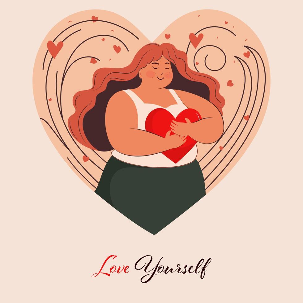 modern jong vrouw karakter knuffelen een rood hart Aan perzik hart vorm achtergrond voor liefde jezelf. Valentijnsdag dag groet kaart. vector