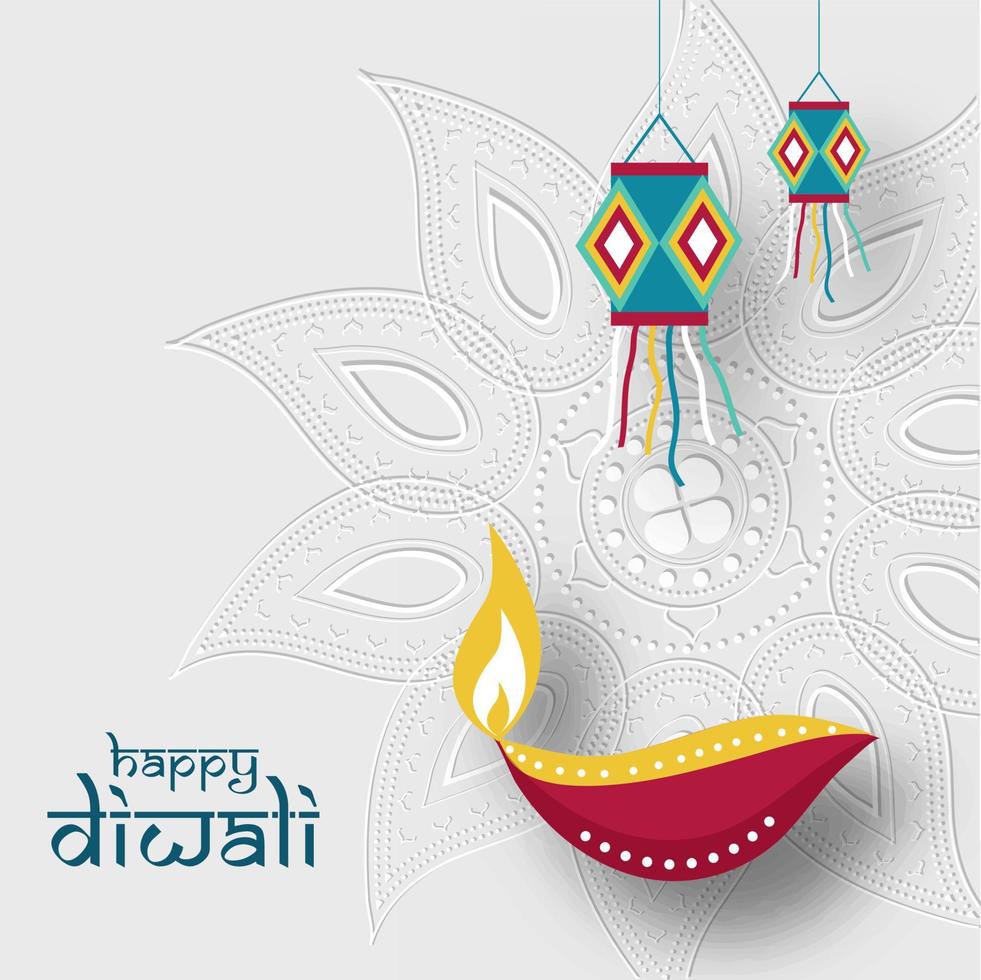 gelukkig diwali tekst met verlichte olie lamp en hangende lantaarns Aan wit lijn kunst mandala patroon achtergrond. vector