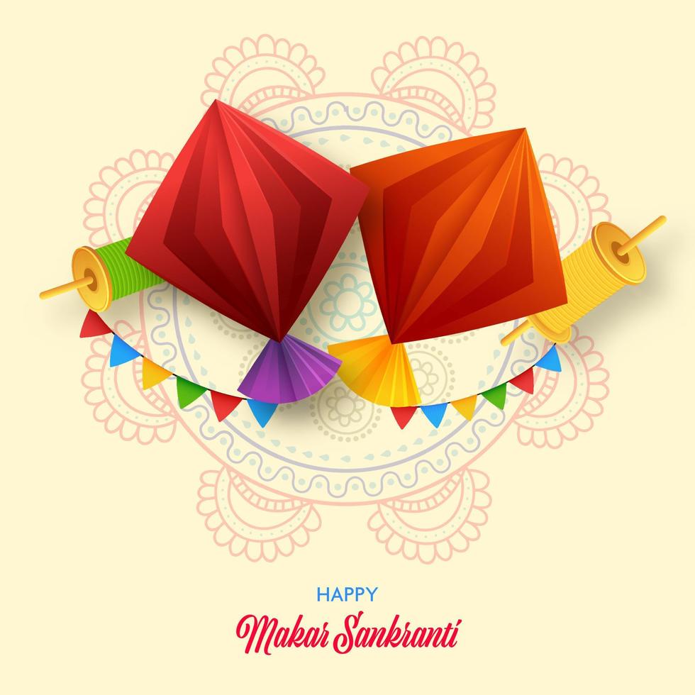 gelukkig makar sankranti groet kaart met origami papier vliegers, draad spoel en vlaggedoek vlaggen Aan mandala patroon licht geel achtergrond. vector