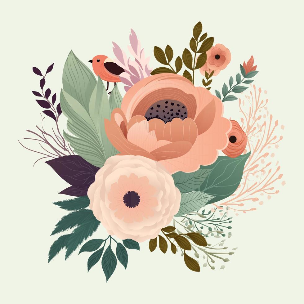 botanisch samenstelling net zo mooi bloemen, bladeren, bloemknoppen en schattig vogel Aan beige achtergrond. vector