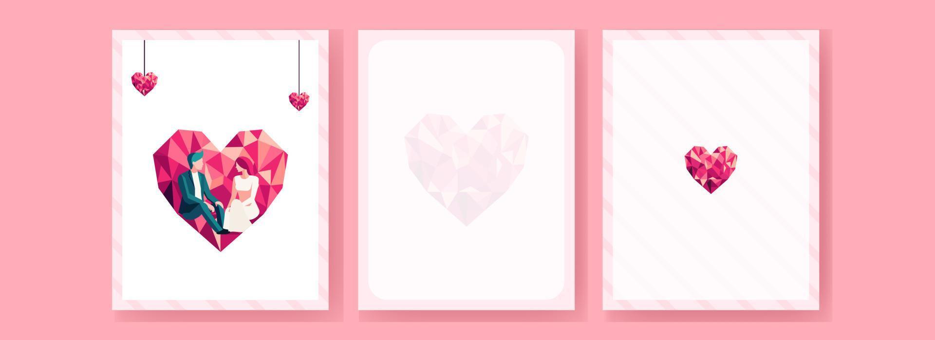 valentijnsdag dag groet kaart met romantisch paar karakter, veelhoek hart en ruimte voor bericht. vector