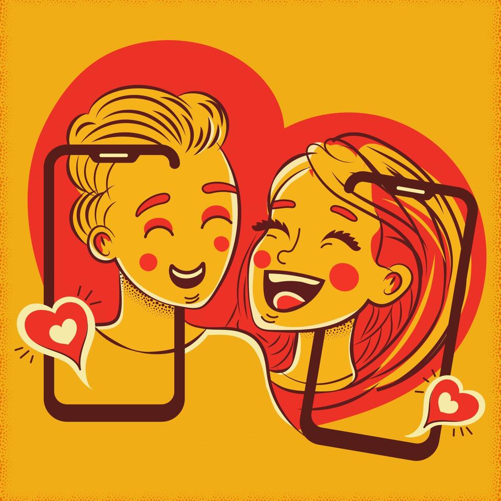 grappig jong paar video babbelen via smartphone toepassing voor online dating concept. vector