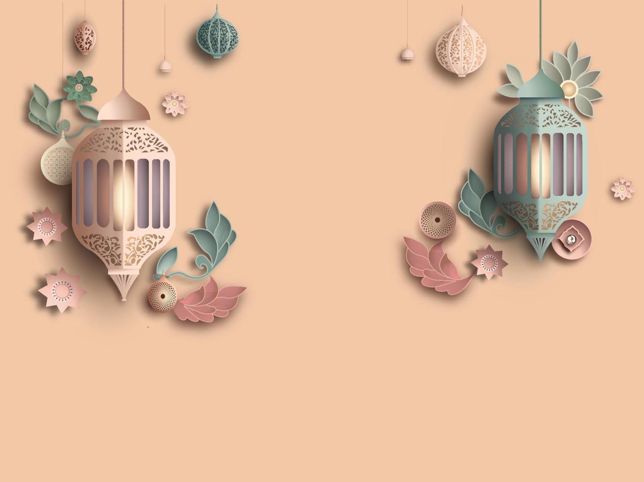 papier besnoeiing Arabisch lamp hangende tegen bloemen pastel bruin achtergrond en kopiëren ruimte. vector