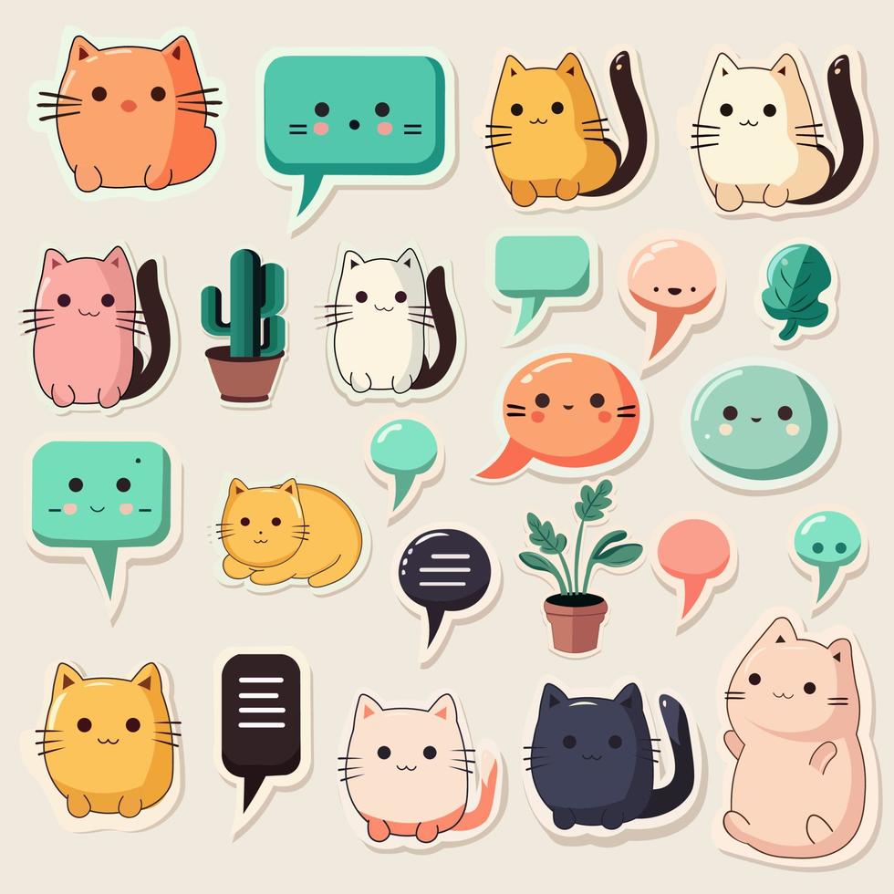 reeks van sticker stijl kat emoji, planten en blanco bericht doos elementen. chatten concept. vector