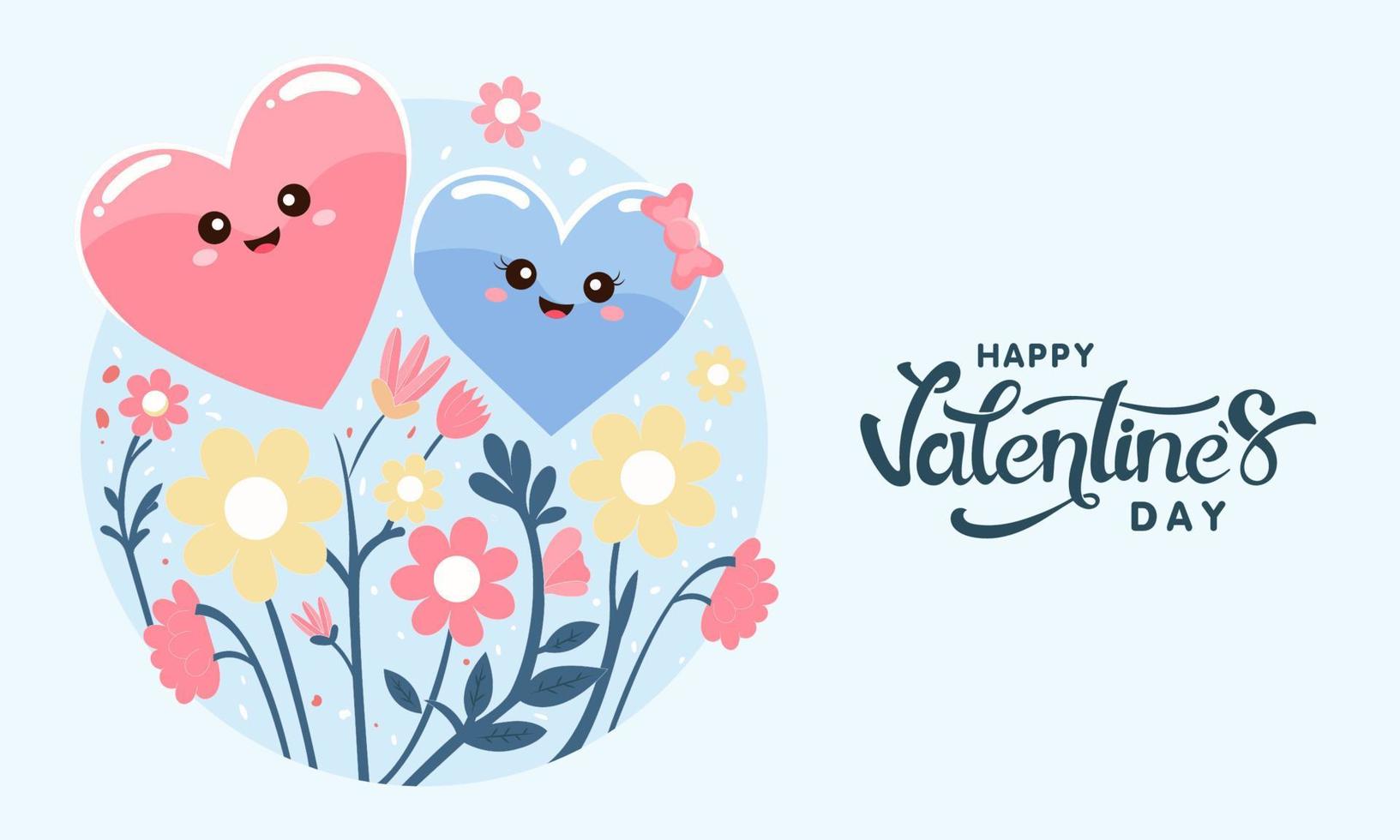 gelukkig Valentijnsdag dag concept met smiley hart vormen, bloemen Aan licht turkoois en wit achtergrond. vector