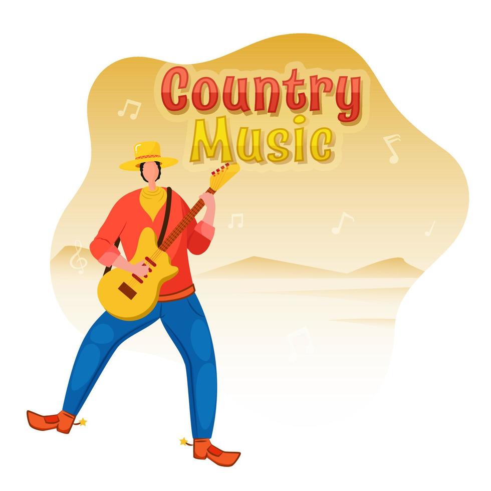 land muziek- concept met gezichtsloos cowboy karakter spelen gitaar en muziek- aantekeningen Aan zand landschap achtergrond. vector