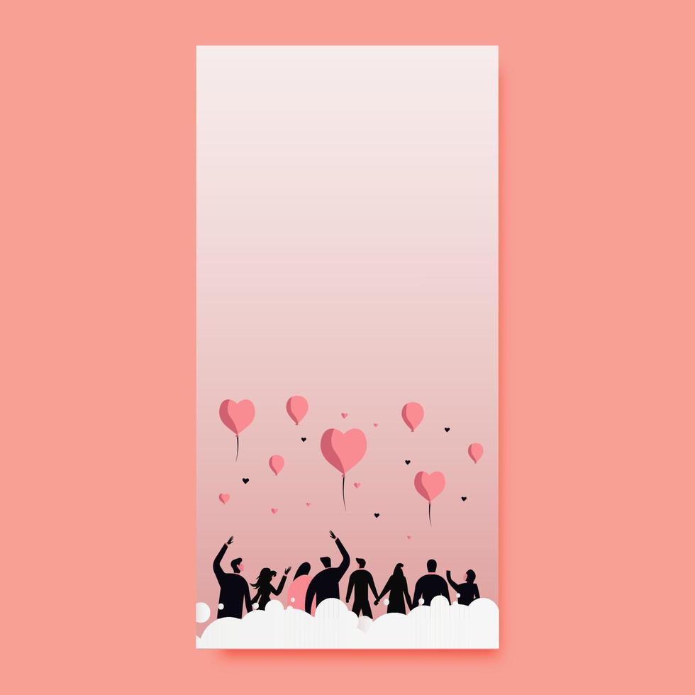 achterzijde visie van mensen of paren genieten van met ballonnen, hart vormen Aan licht roze achtergrond. Valentijnsdag dag of liefde concept. vector