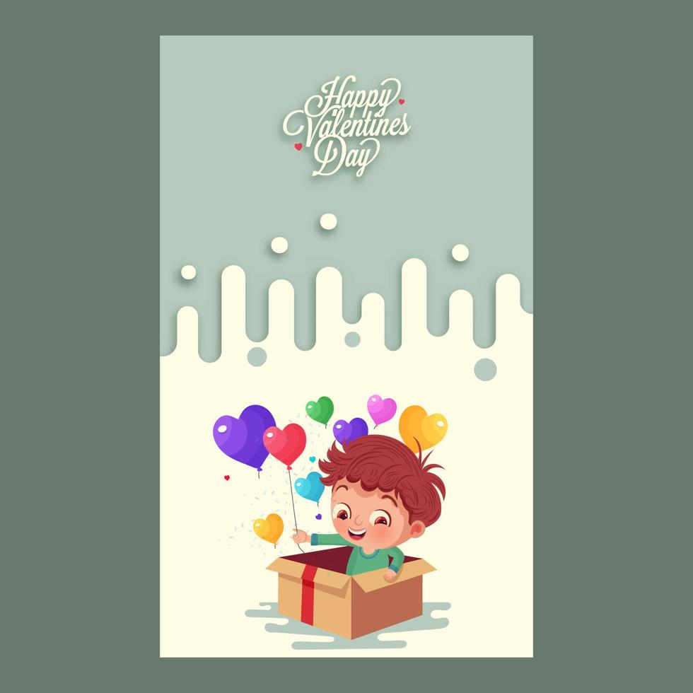 gelukkig Valentijnsdag dag sjabloon of standee banier met jongen karakter komt eraan uit van verrassing doos, kleurrijk hart ballonnen Aan afgeronde lijnen patroon achtergrond. vector