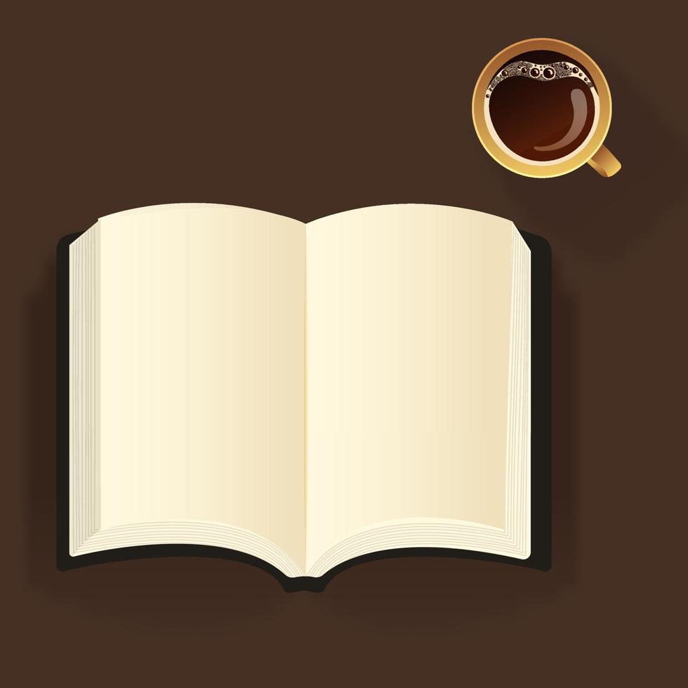 top visie van Open boek met blanco Pagina's, thee kop element Aan donker bruin achtergrond. vector