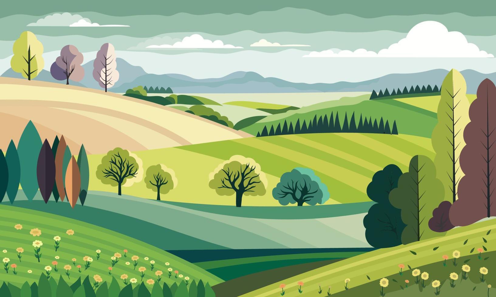 mooi natuur landschap heuvel veld- achtergrond met bomen, bloemen. vector