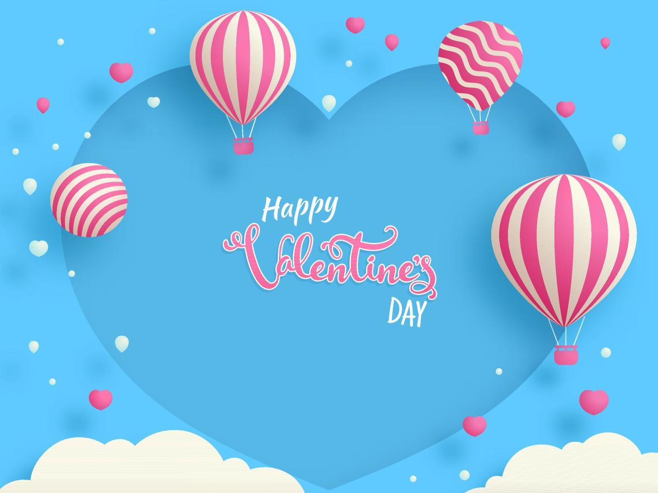 gelukkig Valentijnsdag dag doopvont met heet lucht ballonnen, gebied, wolken versierd blauw hart vorm achtergrond. vector