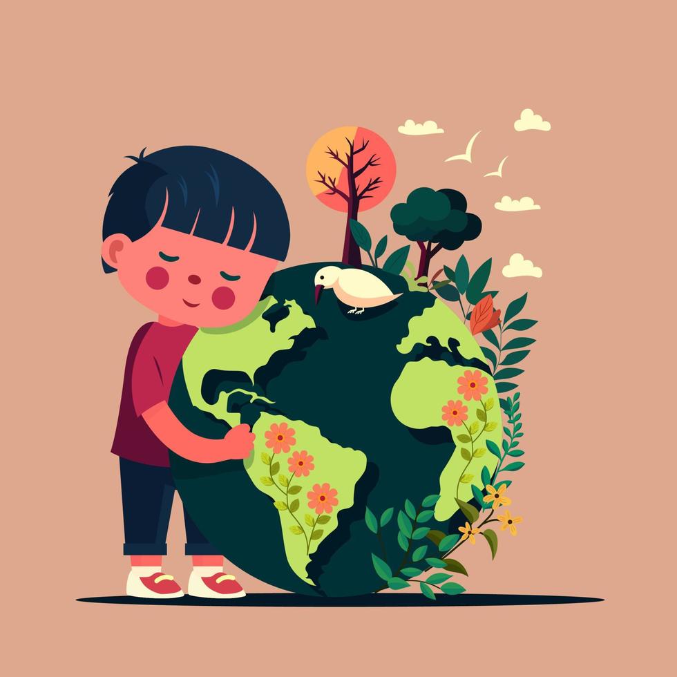 vector illustratie van jongen karakter knuffelen aarde wereldbol met planten en vogelstand Aan perzik achtergrond.