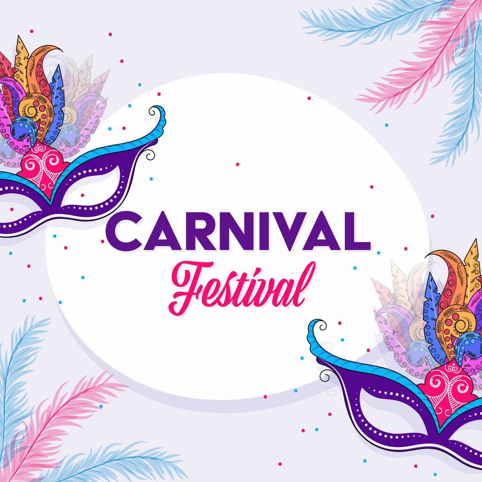 carnaval festival poster ontwerp met kleurrijk partij maskers Aan mooi veren versierd achtergrond. vector