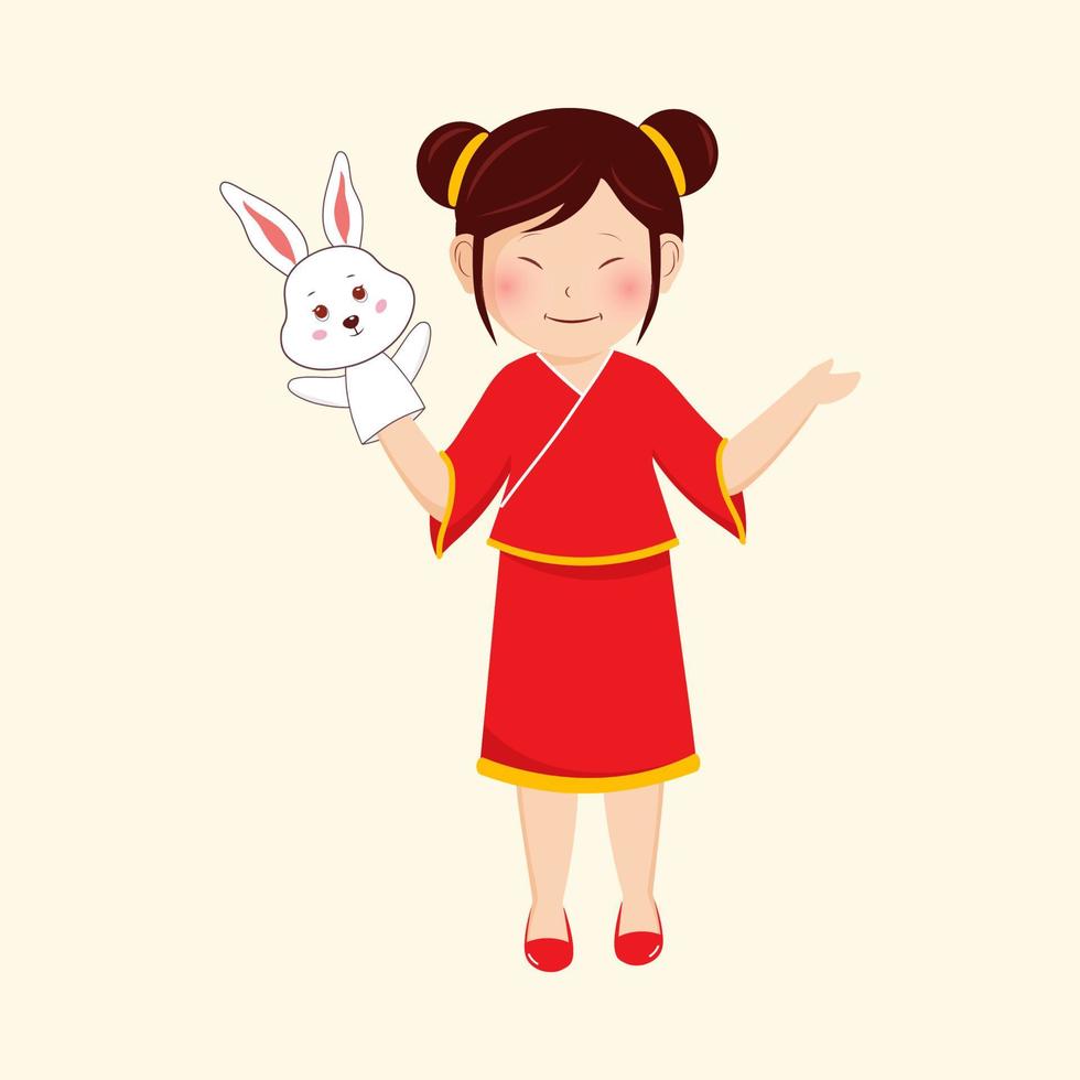 karakter van Chinese jong meisje vervelend konijn marionet handschoen in een hand- Aan beige achtergrond. vector