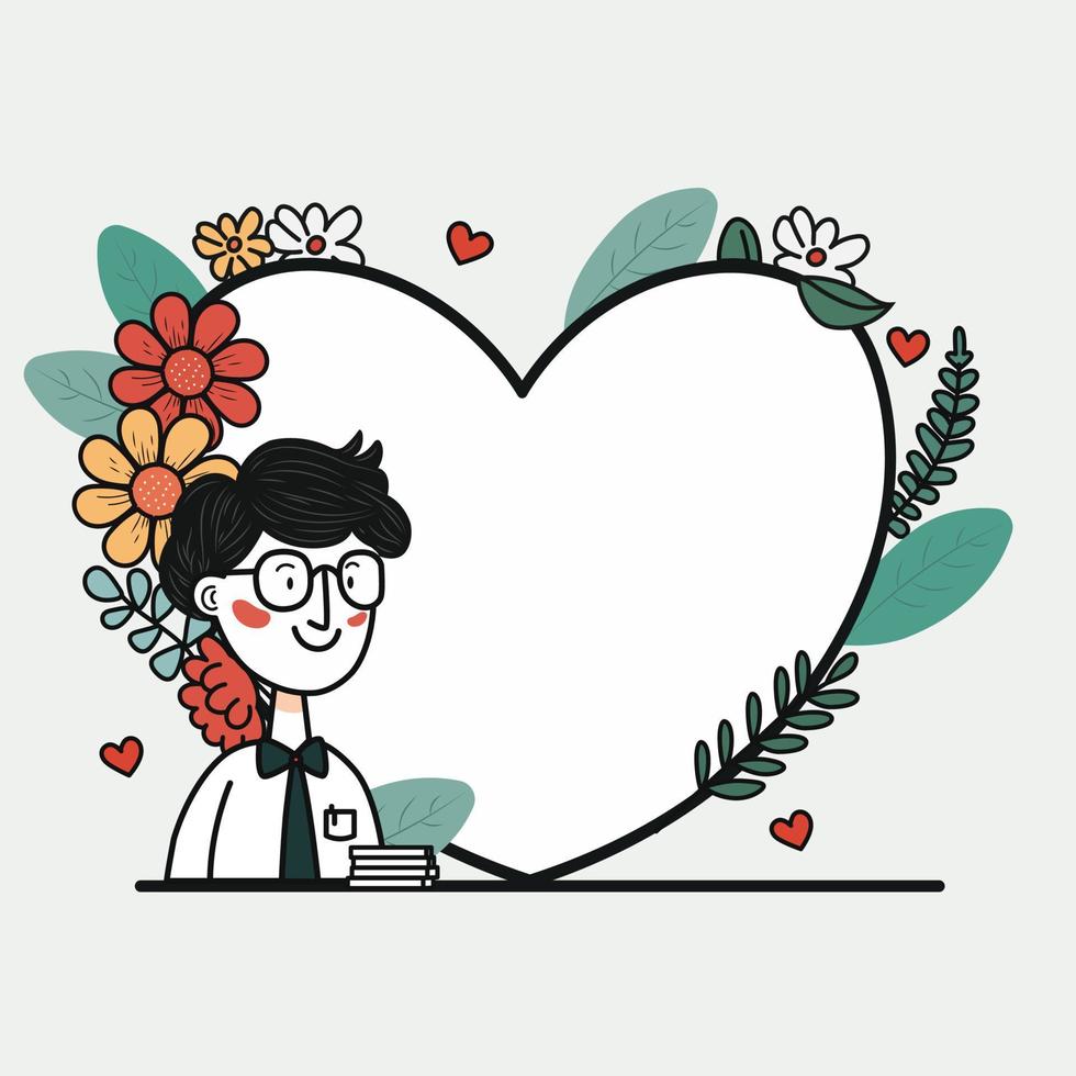 vector illustratie van smiley jong Mens karakter en leeg hart kader versierd door bloemen.