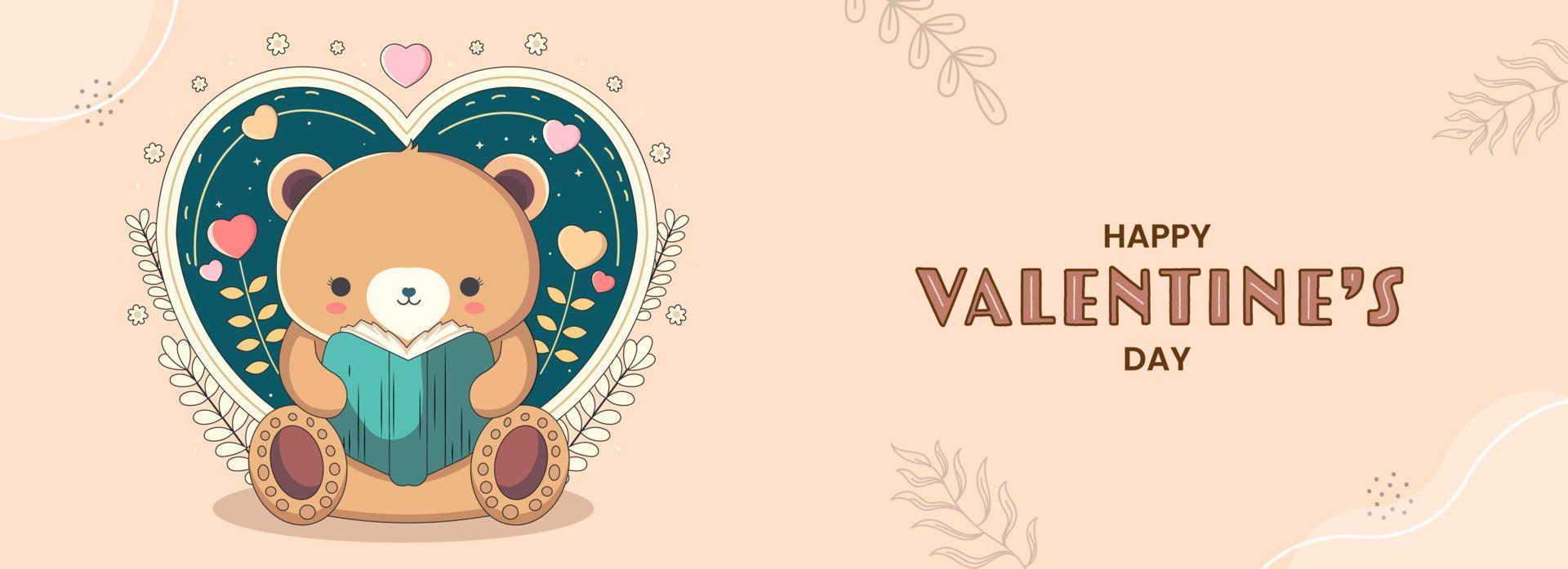 gelukkig Valentijnsdag dag concept met schattig teddy beer lezing een boek, harten en bladeren Aan pastel perzik achtergrond. vector