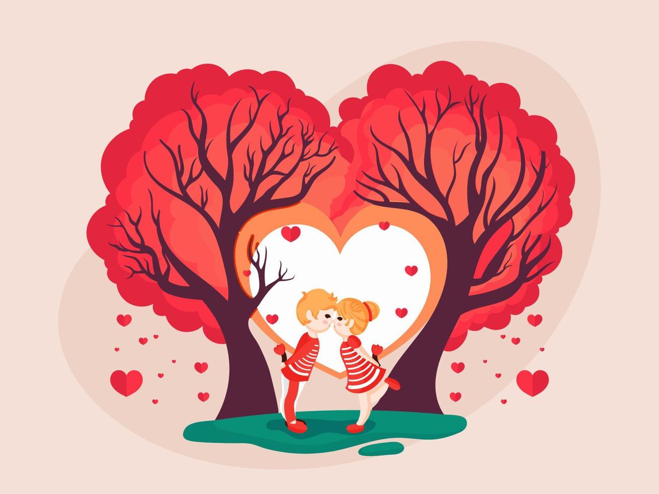 schattig kinderen paar zoenen elk andere onder de bomen voor Valentijnsdag dag concept. vector