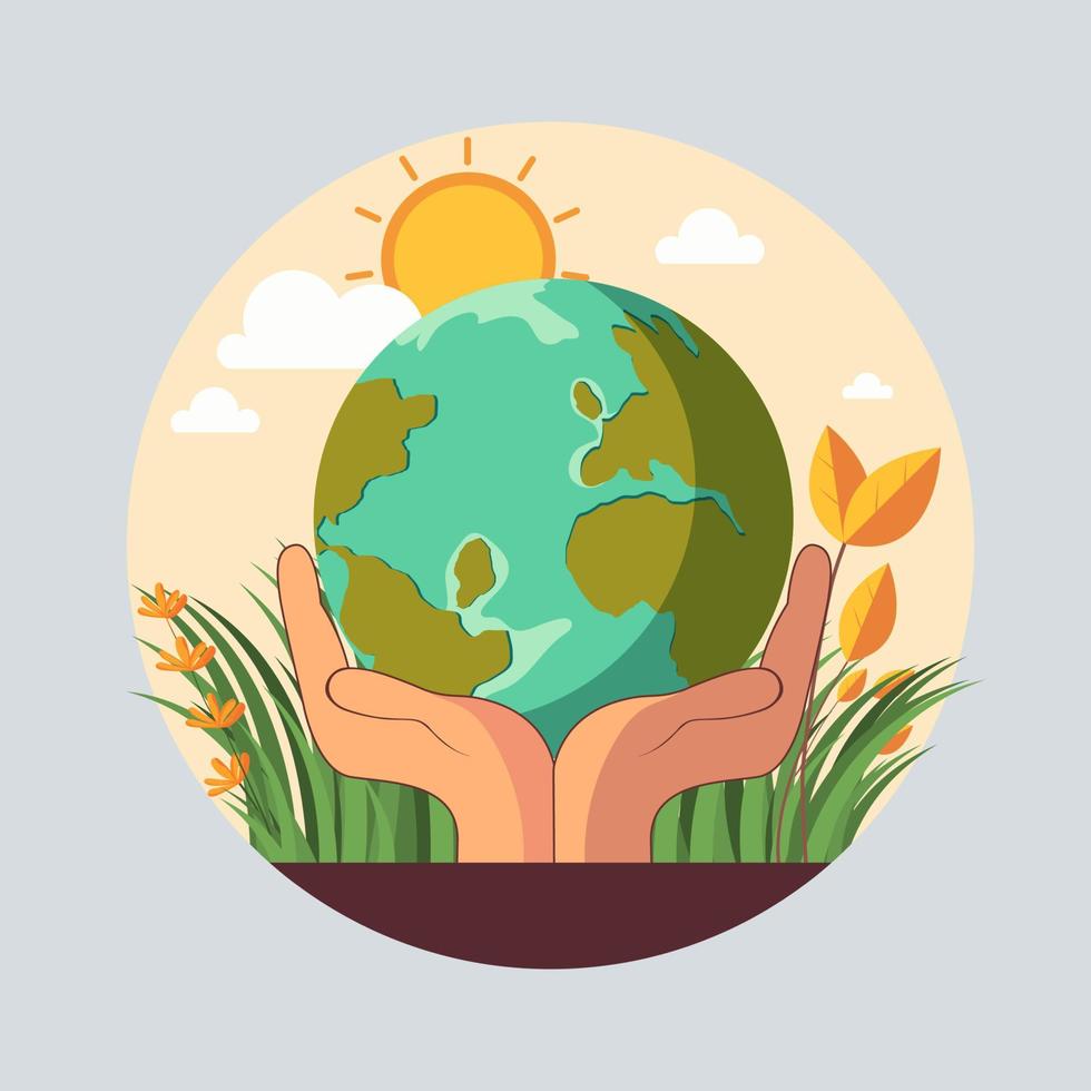 illustratie van menselijk handen beschermen aarde wereldbol met gras, bloemen, zon Aan perzik en grijs achtergrond. vector