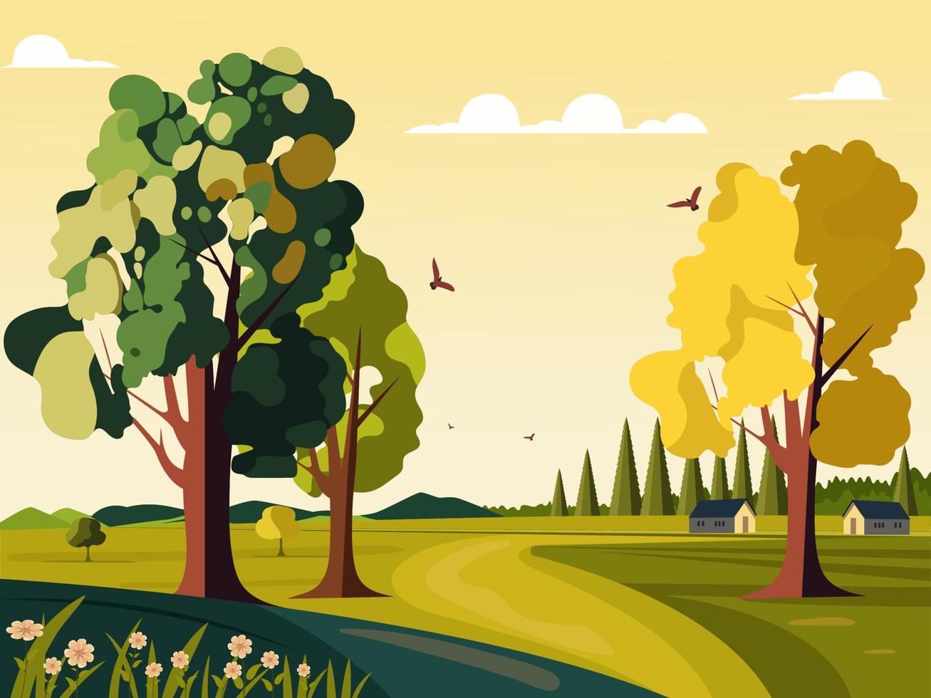 natuur landschap achtergrond met bomen, vliegend vogelstand en huisje illustratie. vector