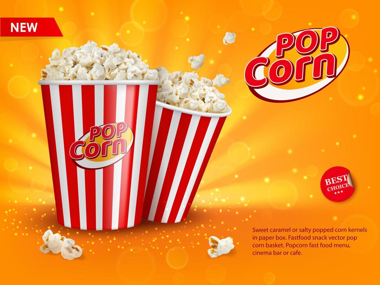 bioscoop popcorn emmers, snel voedsel tussendoortje poster vector