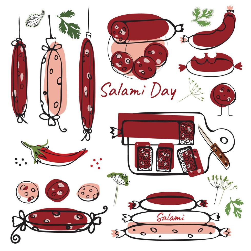 worst set. salami dag. handleiding tekening van een vlak vector illustratie. voor etiketten, stickers, web ontwerp, reclame van worst producten