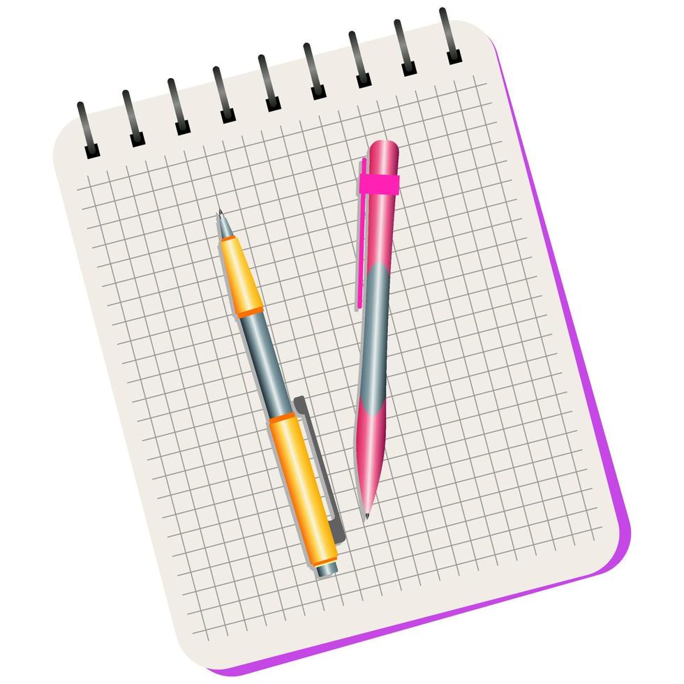 notitieboekje, geel pen en roze pen Aan een wit achtergrond vector