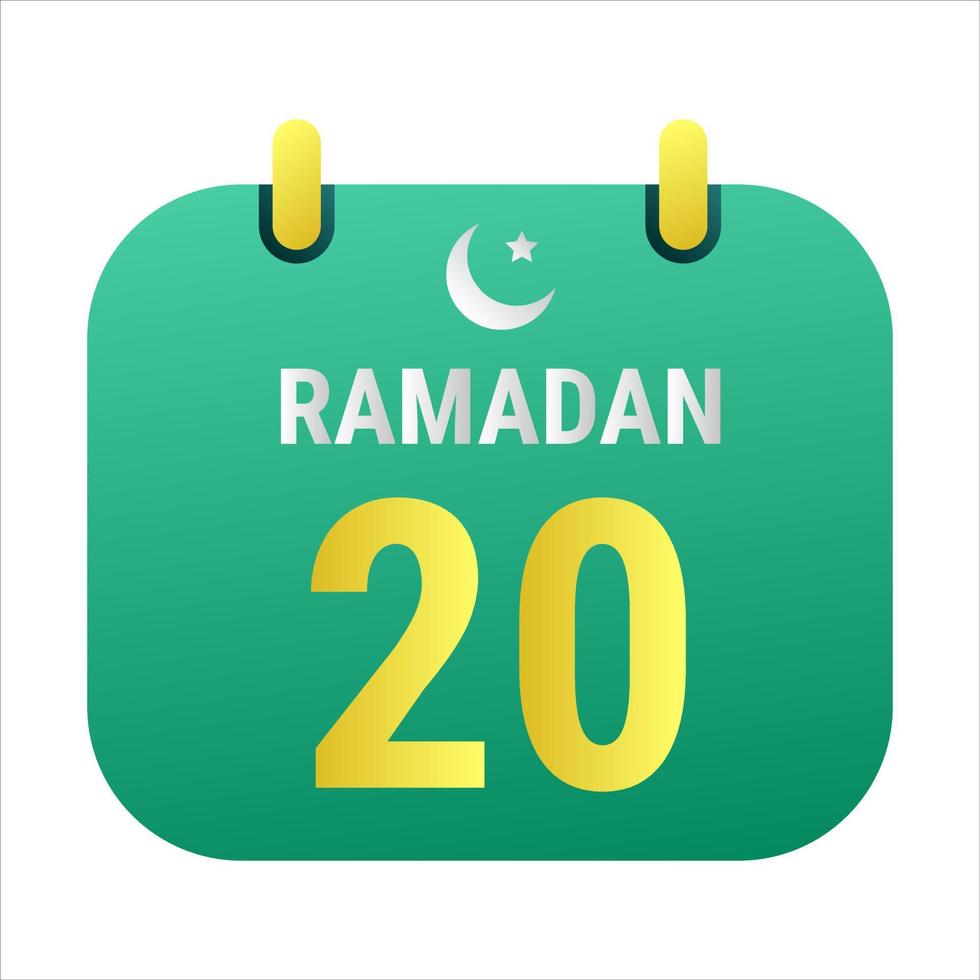 20e Ramadan vieren met wit en gouden halve maan manen. en Engels Ramadan tekst. vector