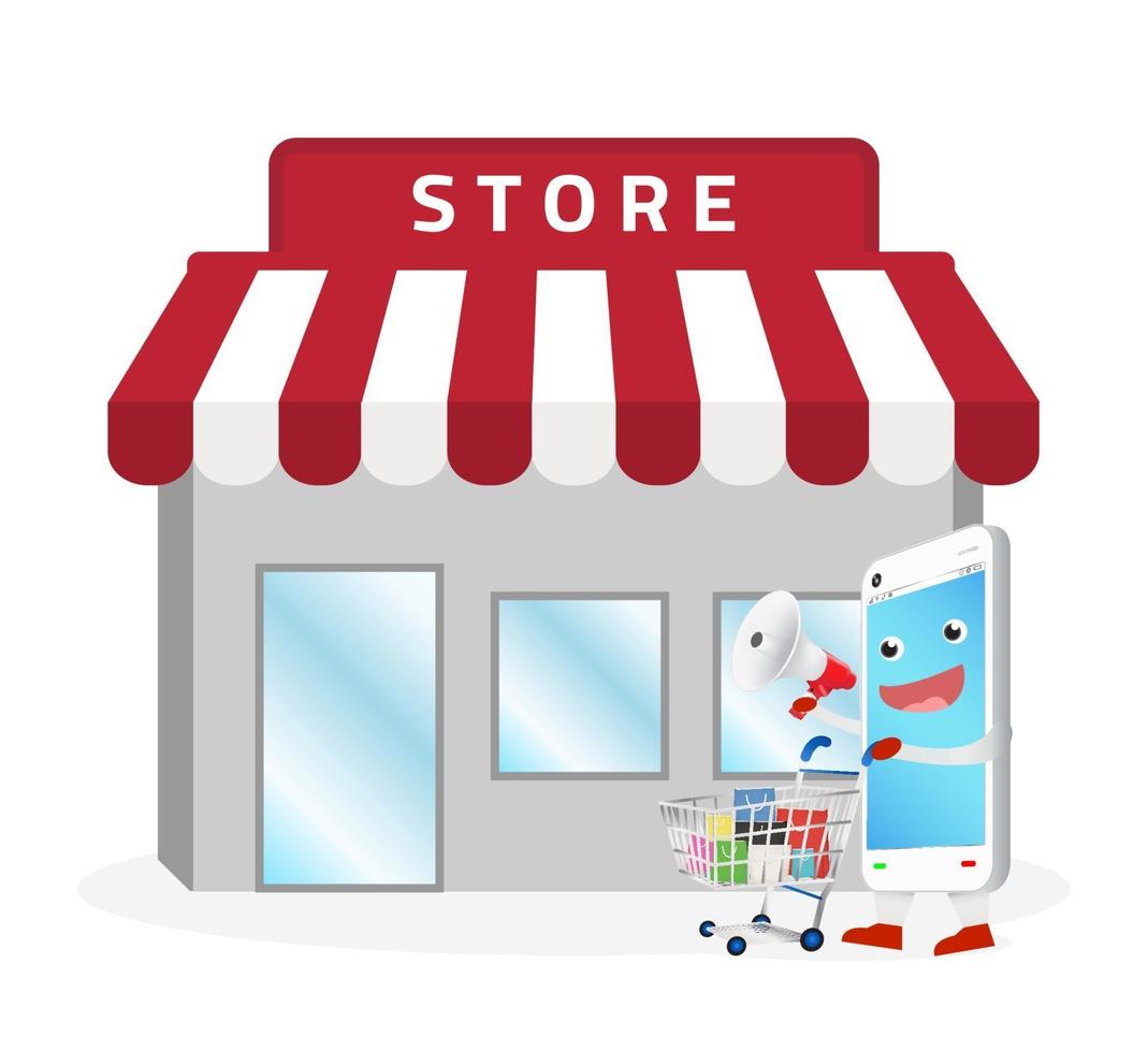 smartphone cartoon winkelen bij winkel vector