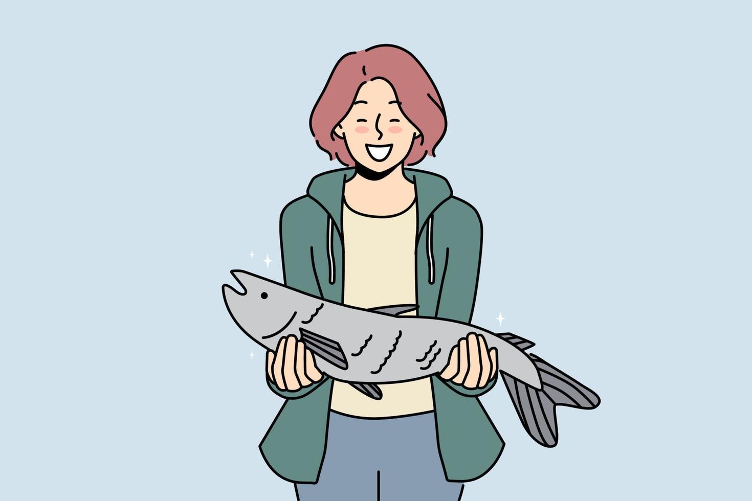 glimlachen vrouw Holding vis in handen opgewonden met geslaagd vissen. gelukkig vrouw visser met lading. hobby en amusement. vector illustratie.